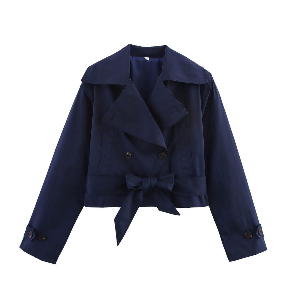 Damen Kurztrenchcoat – Elegante Übergangsjacke mit Gürtel in Blau, Braun & Beige