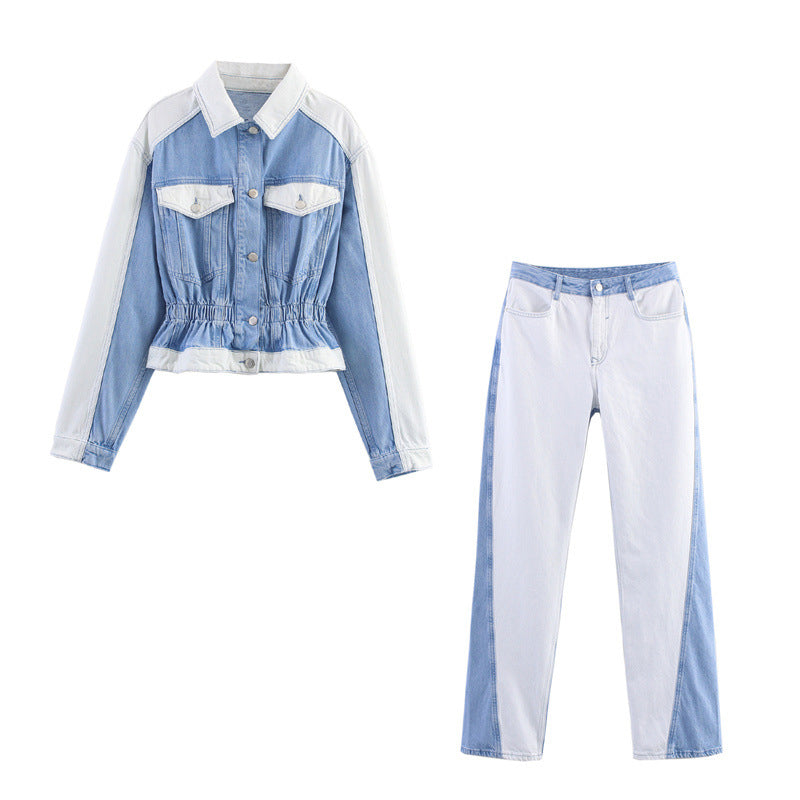 Zweiteiler Damen Jeans Set – Modische Denim Jacke & Hose im Colorblock Design