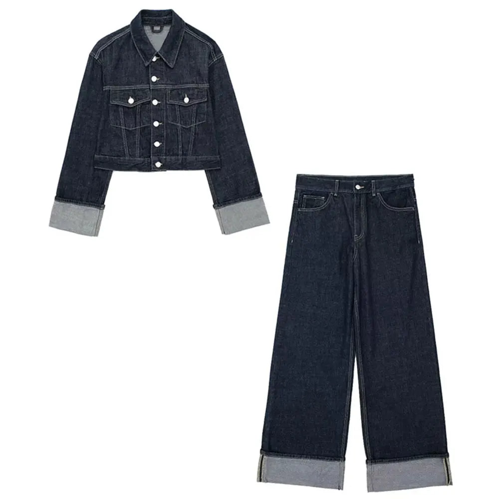 Damen Jeans Set – Dunkelblauer Denim Zweiteiler mit Cropped Jacke & Wide Leg Hose