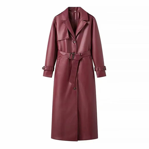 Burgundy Elegance – Langer Kunstleder-Trenchcoat in Bordeaux