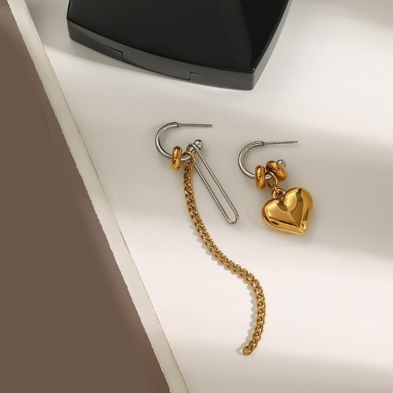 Trendige Asymmetrische Ohrringe mit Herz & Kette – Edelstahl Gold & Silber für Damen