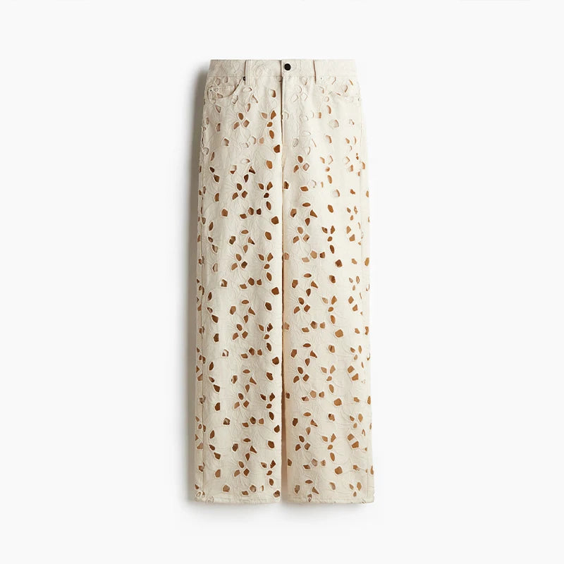 Elegante Hose mit Lochstickerei – Cremeweiß