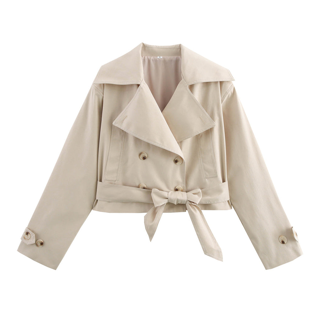 Damen Kurztrenchcoat – Elegante Übergangsjacke mit Gürtel in Blau, Braun & Beige