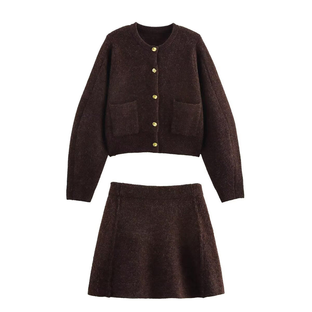Zweiteiler Strickset Damen – Cardigan & Rock Braun