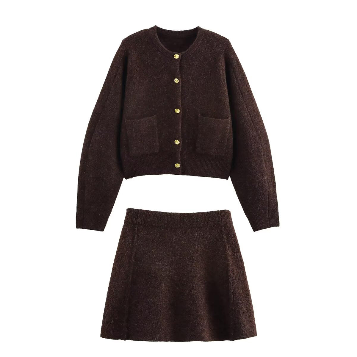 Zweiteiler Strickset Damen – Cardigan & Rock Braun