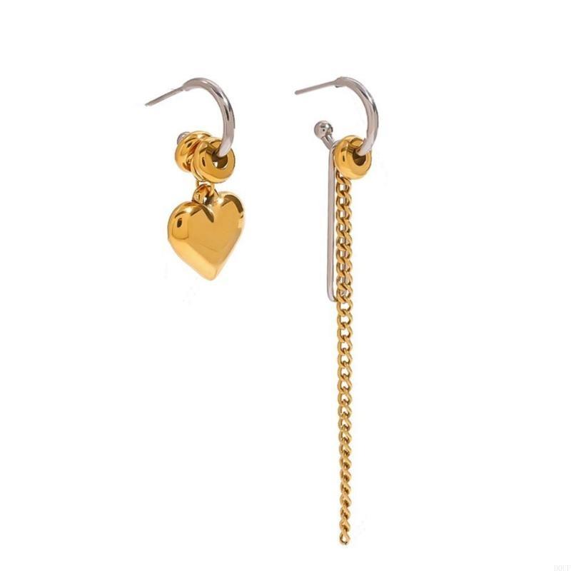 Trendige Asymmetrische Ohrringe mit Herz & Kette – Edelstahl Gold & Silber für Damen