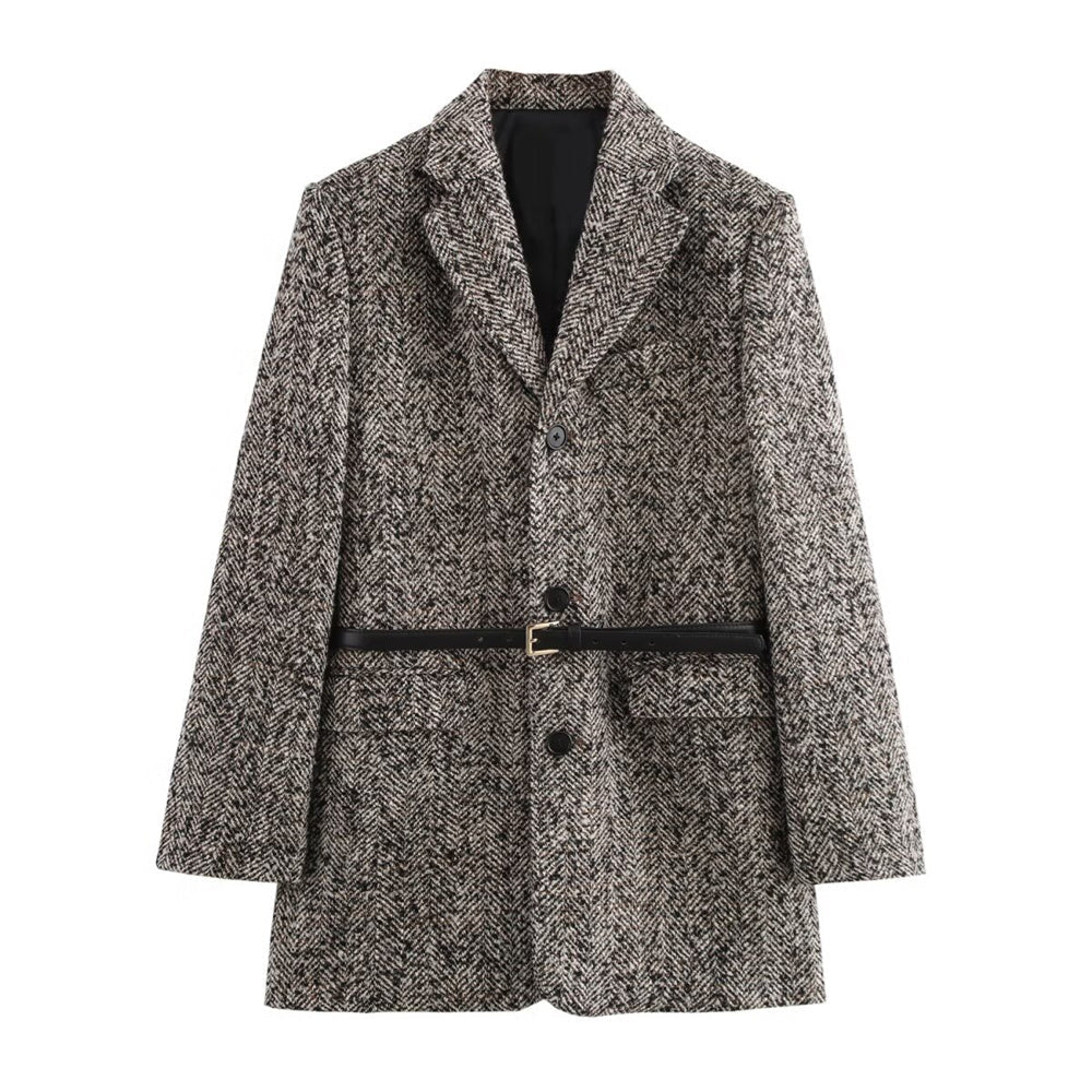 Damen Tweed Blazer in Schwarz-Grau mit Gürtel