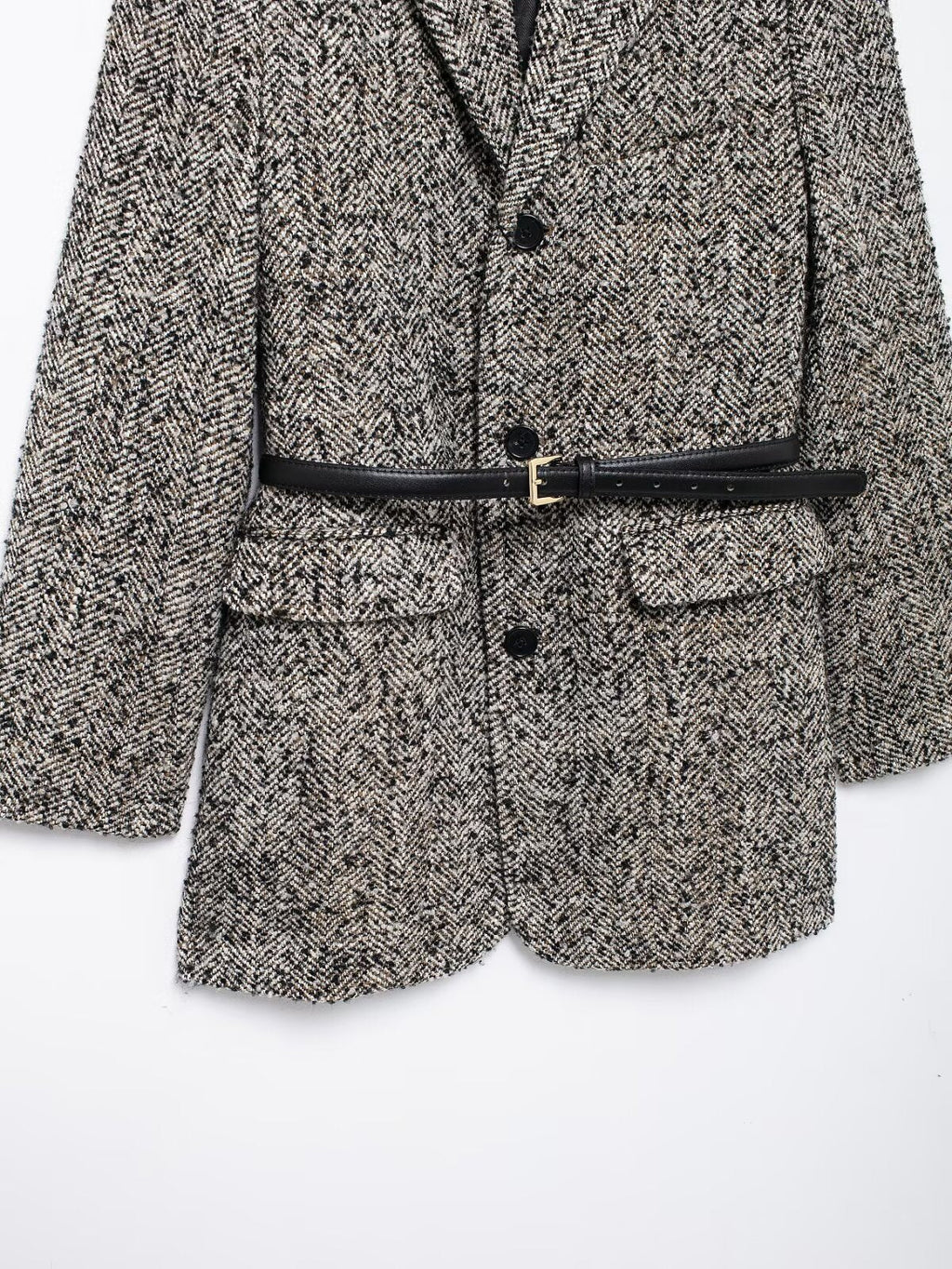 Damen Tweed Blazer in Schwarz-Grau mit Gürtel