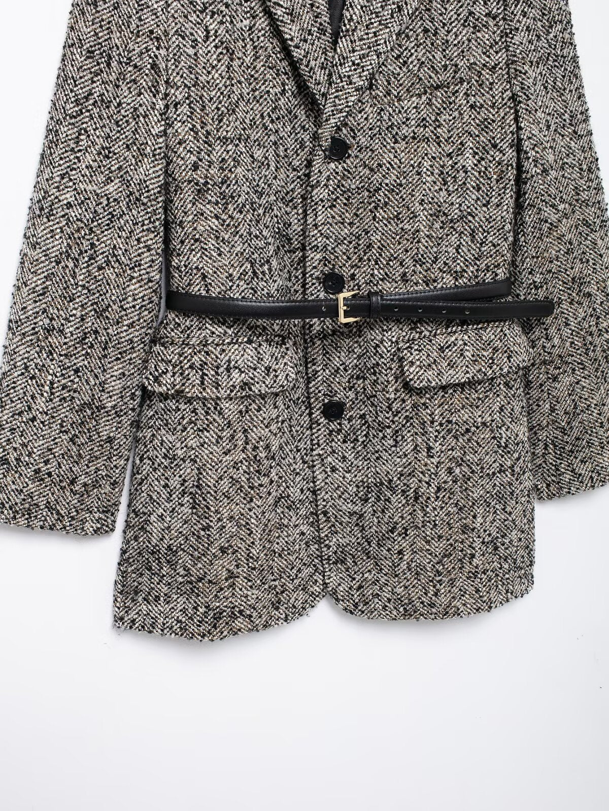 Damen Tweed Blazer in Schwarz-Grau mit Gürtel