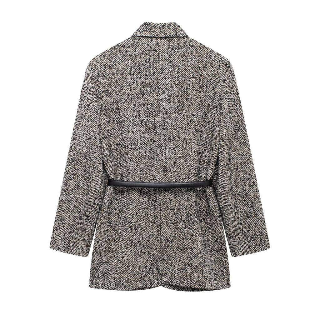 Damen Tweed Blazer in Schwarz-Grau mit Gürtel