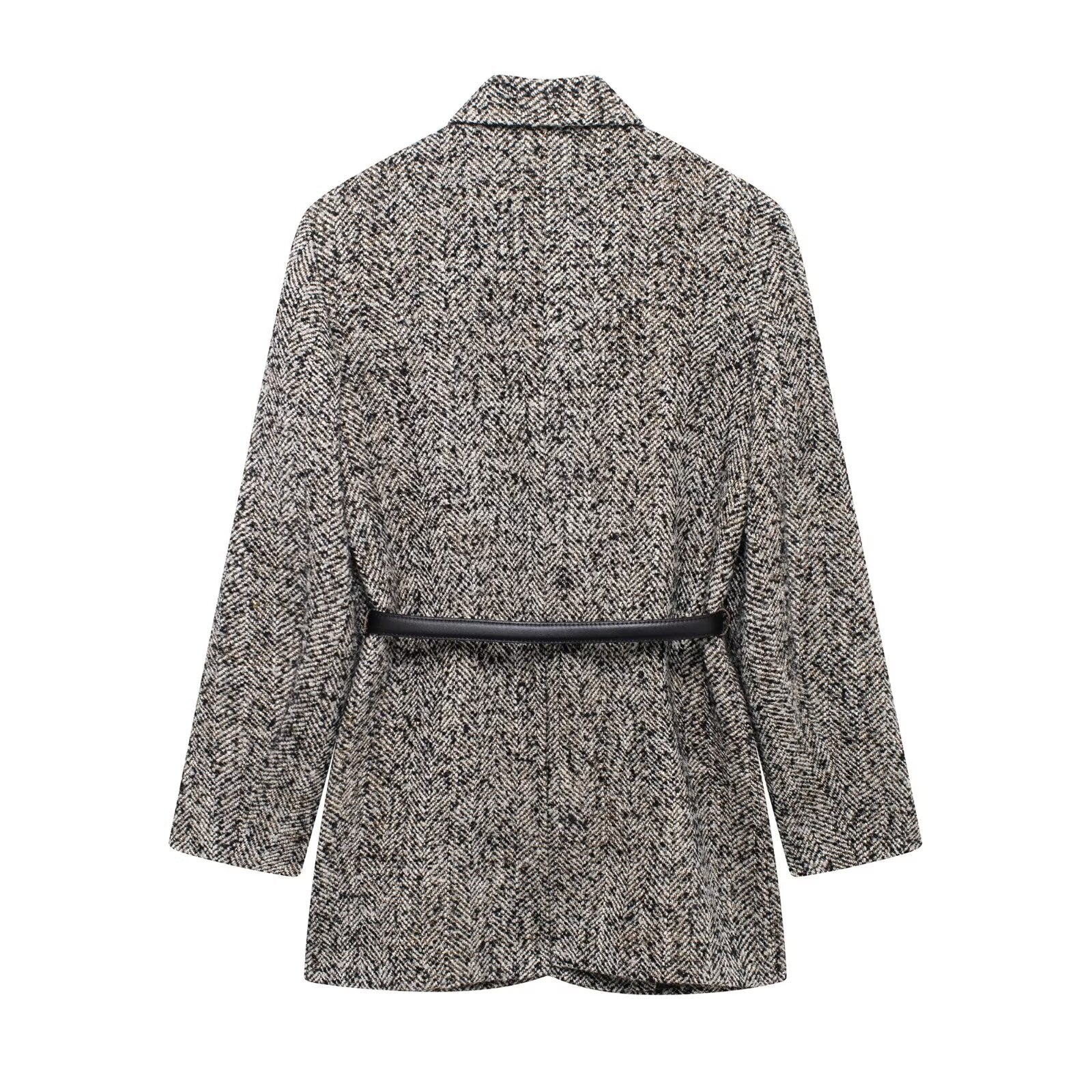 Damen Tweed Blazer in Schwarz-Grau mit Gürtel