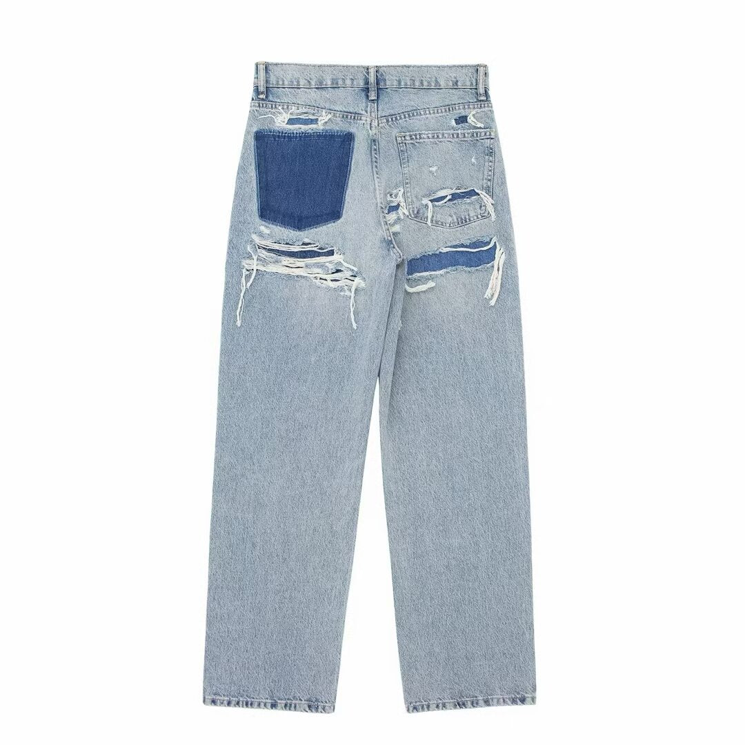 Damen Boyfriend Jeans Hellblau mit Destroyed Look & Patchwork-Details – Vintage High Waist